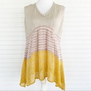 Mystree Sleeveless Knit Tunic‎ Top V-Neck Colorblock Striped Mustard Beige Large